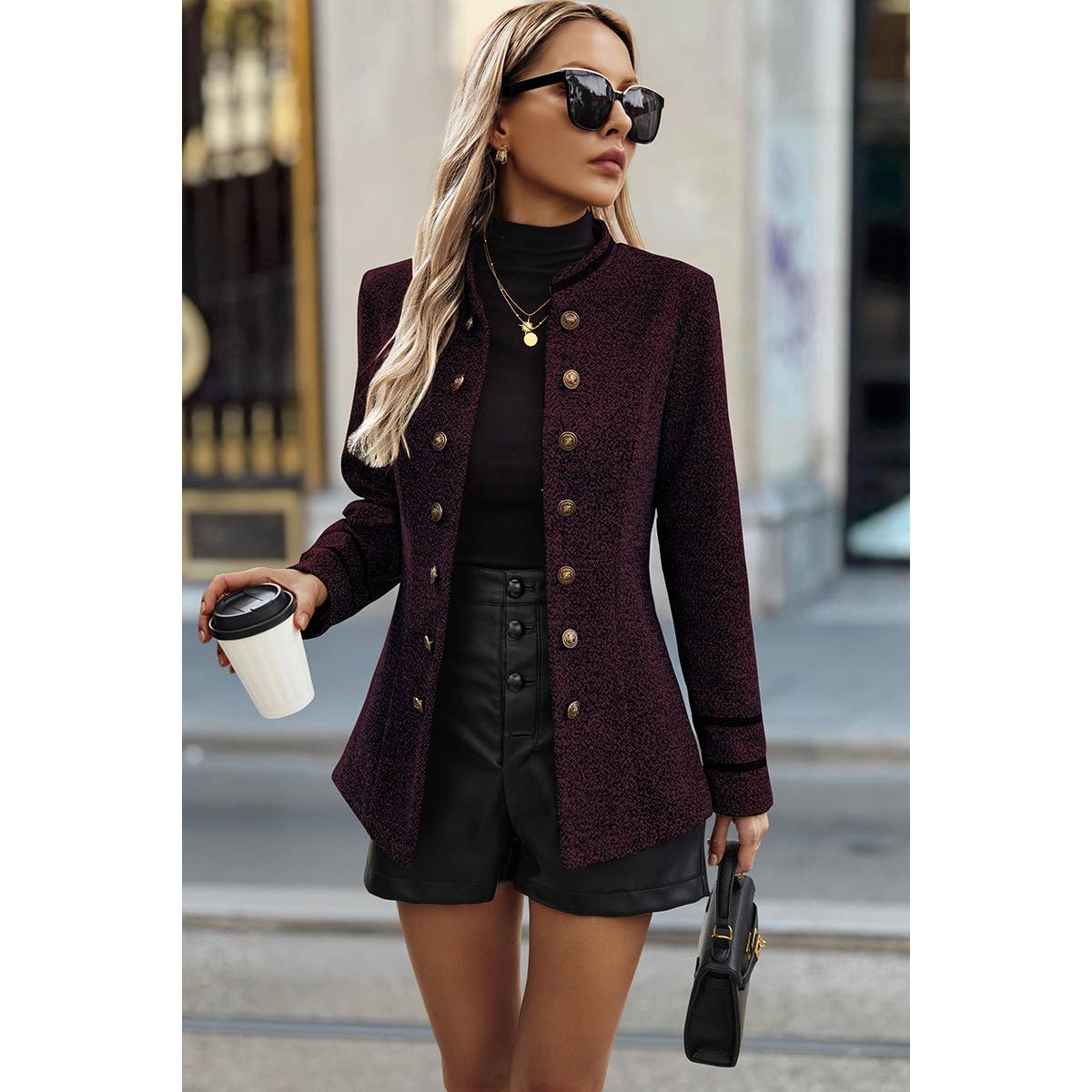 Solid Decorative Button Stand Collar Jacket - MVTFASHION.COM