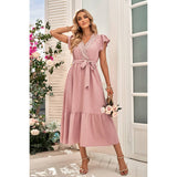 Solid Deep V Dot Lace Belt Long Dress - MVTFASHION.COM