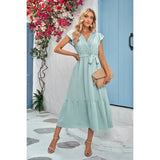 Solid Deep V Dot Lace Belt Long Dress - MVTFASHION.COM