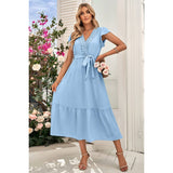 Solid Deep V Dot Lace Belt Long Dress - MVTFASHION.COM