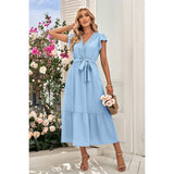 Solid Deep V Dot Lace Belt Long Dress - MVTFASHION.COM