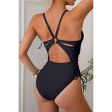 Solid Deep V Neck Drawstring Cross Back Swimsuit - MVTFASHION.COM