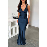 Solid Deep V Neck Low Back High Waist Full Dress - MVTFASHION.COM