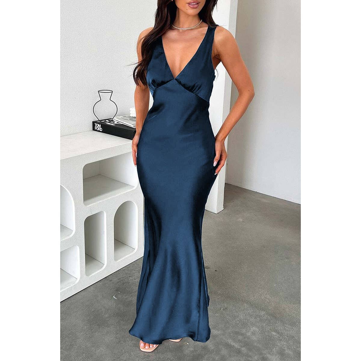 Solid Deep V Neck Low Back High Waist Full Dress - MVTFASHION.COM