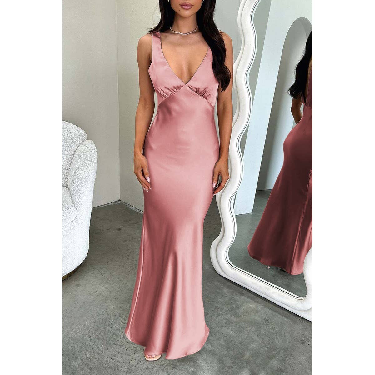 Solid Deep V Neck Low Back High Waist Full Dress - MVTFASHION.COM