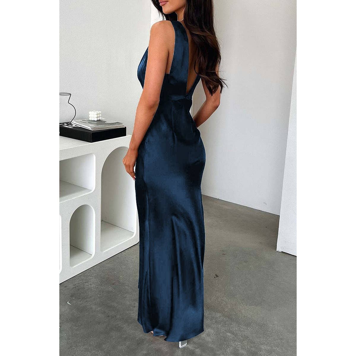 Solid Deep V Neck Low Back High Waist Full Dress - MVTFASHION.COM