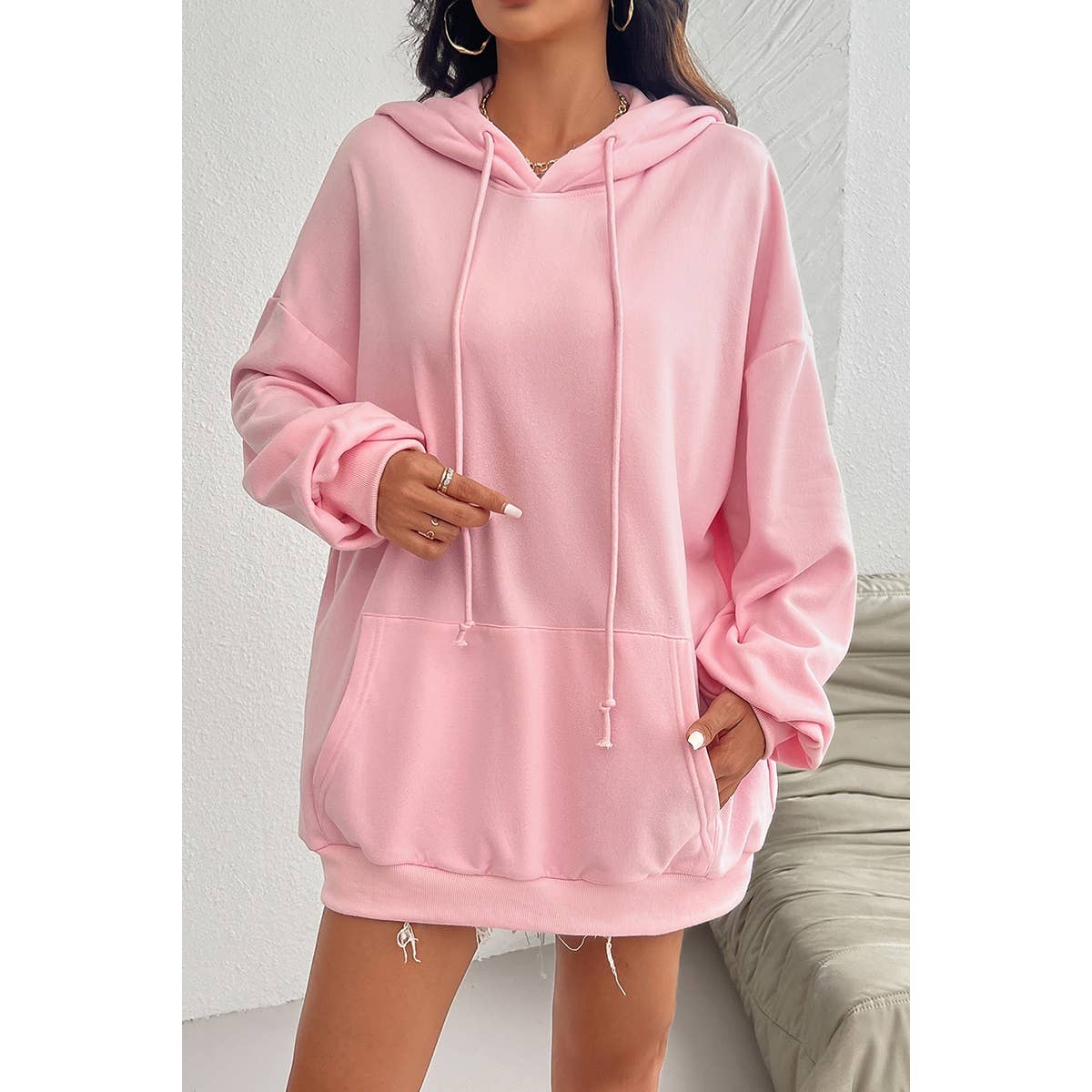 Solid Drawstring Pocket Drop Shoulder Loose Hoodie - MVTFASHION.COM