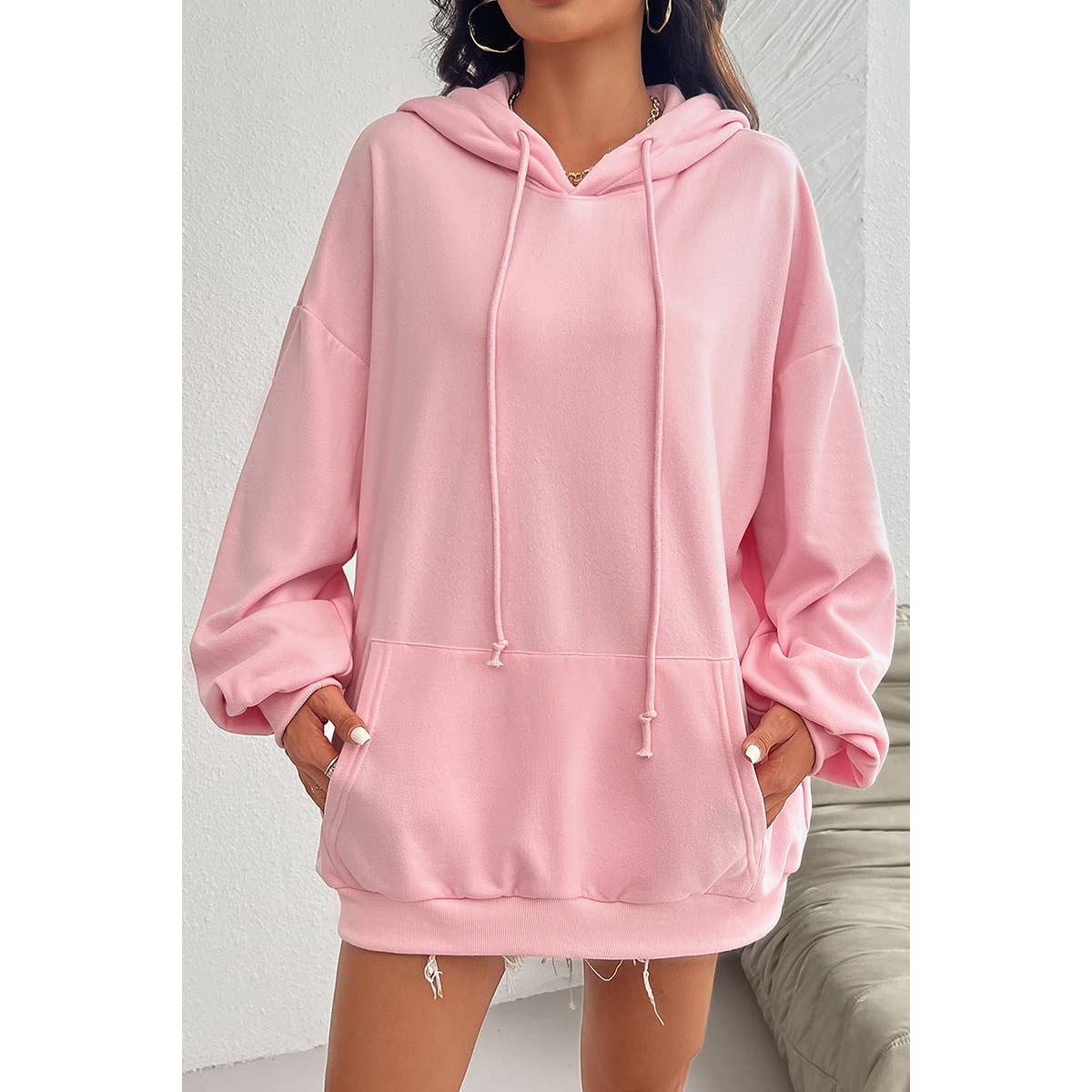 Solid Drawstring Pocket Drop Shoulder Loose Hoodie - MVTFASHION.COM