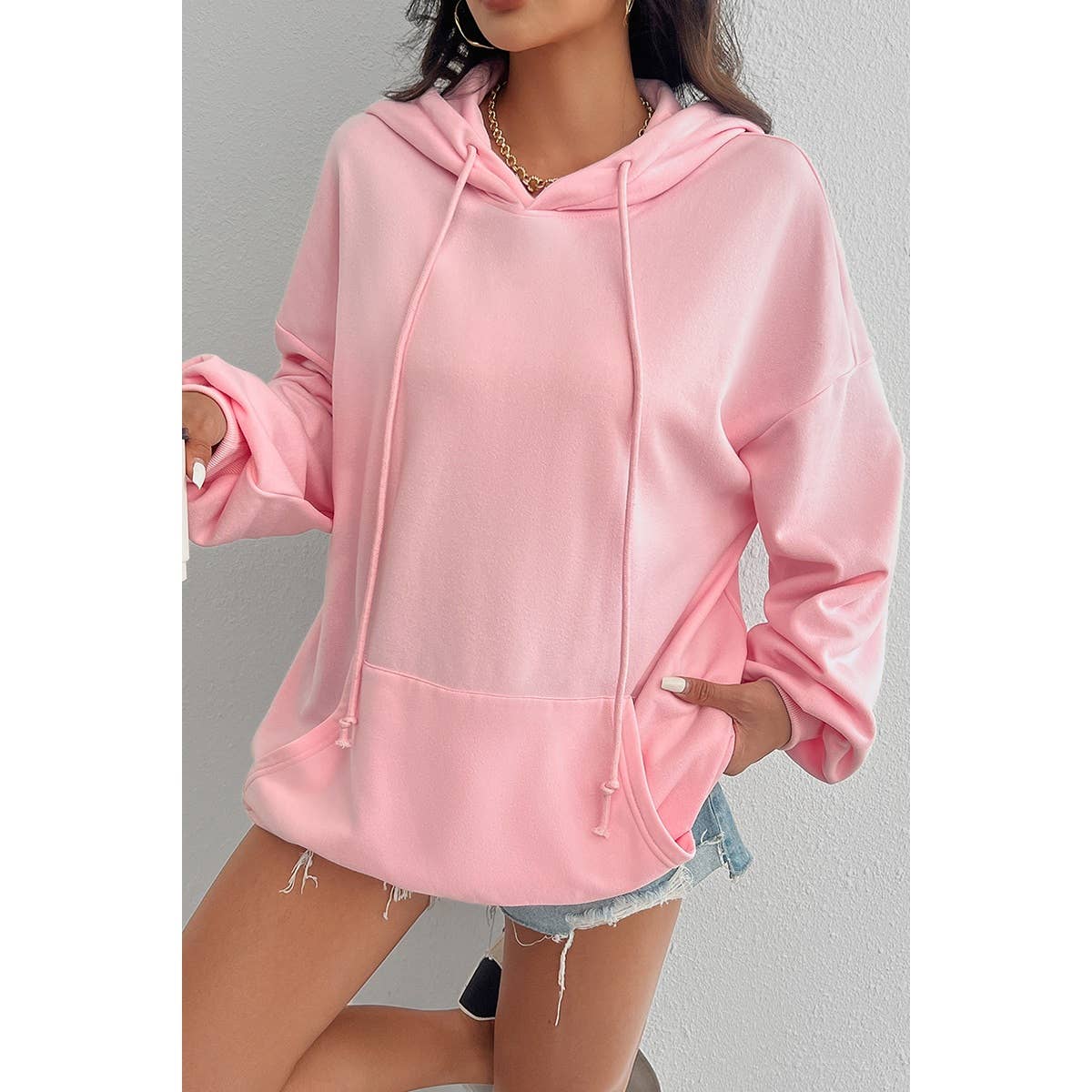 Solid Drawstring Pocket Drop Shoulder Loose Hoodie - MVTFASHION.COM