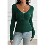 Solid Elastic Fit Long Sleeves Button Trim Top - MVTFASHION.COM