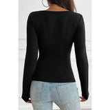 Solid Elastic Fit Long Sleeves Button Trim Top - MVTFASHION.COM