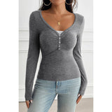 Solid Elastic Fit Long Sleeves Button Trim Top - MVTFASHION.COM