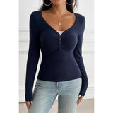 Solid Elastic Fit Long Sleeves Button Trim Top - MVTFASHION.COM