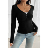 Solid Elastic Fit Long Sleeves Button Trim Top - MVTFASHION.COM