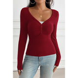 Solid Elastic Fit Long Sleeves Button Trim Top - MVTFASHION.COM