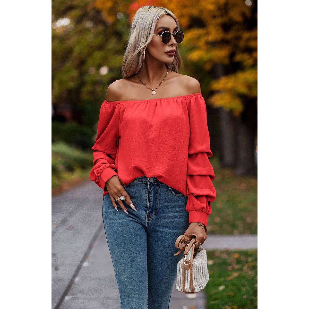 Solid Elastic Off Shoulder Ruched Loose Fit Shirt - MVTFASHION.COM