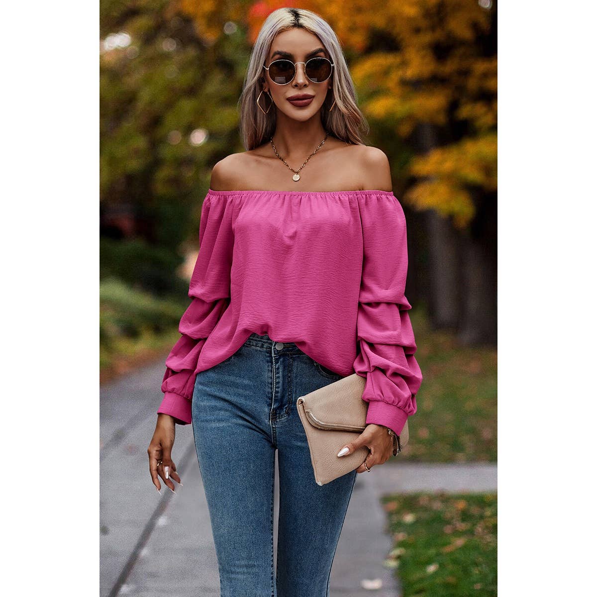 Solid Elastic Off Shoulder Ruched Loose Fit Shirt - MVTFASHION.COM