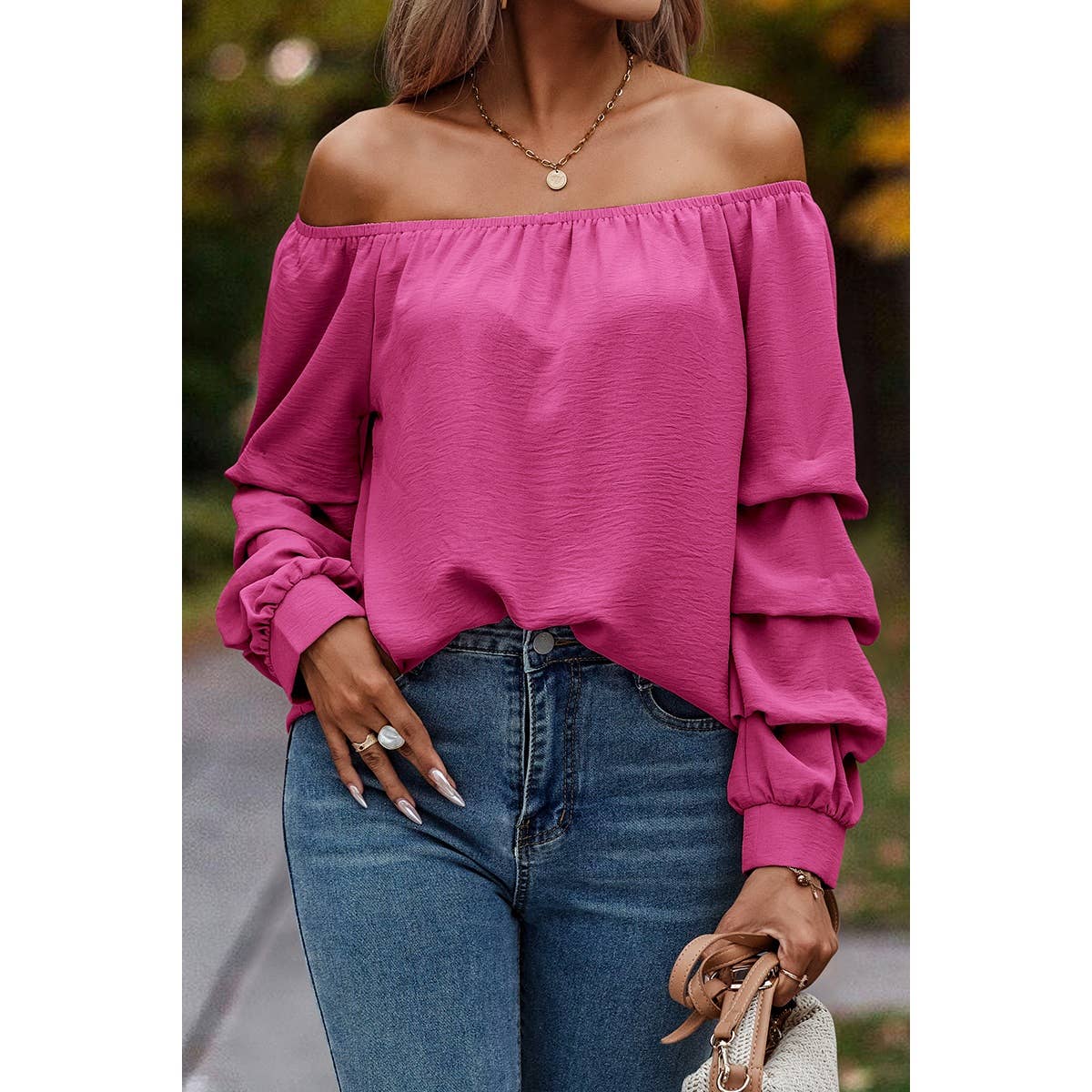 Solid Elastic Off Shoulder Ruched Loose Fit Shirt - MVTFASHION.COM