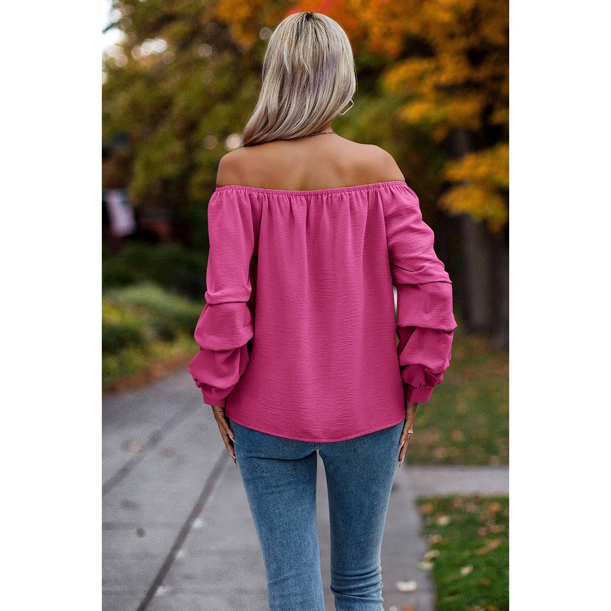 Solid Elastic Off Shoulder Ruched Loose Fit Shirt - MVTFASHION.COM