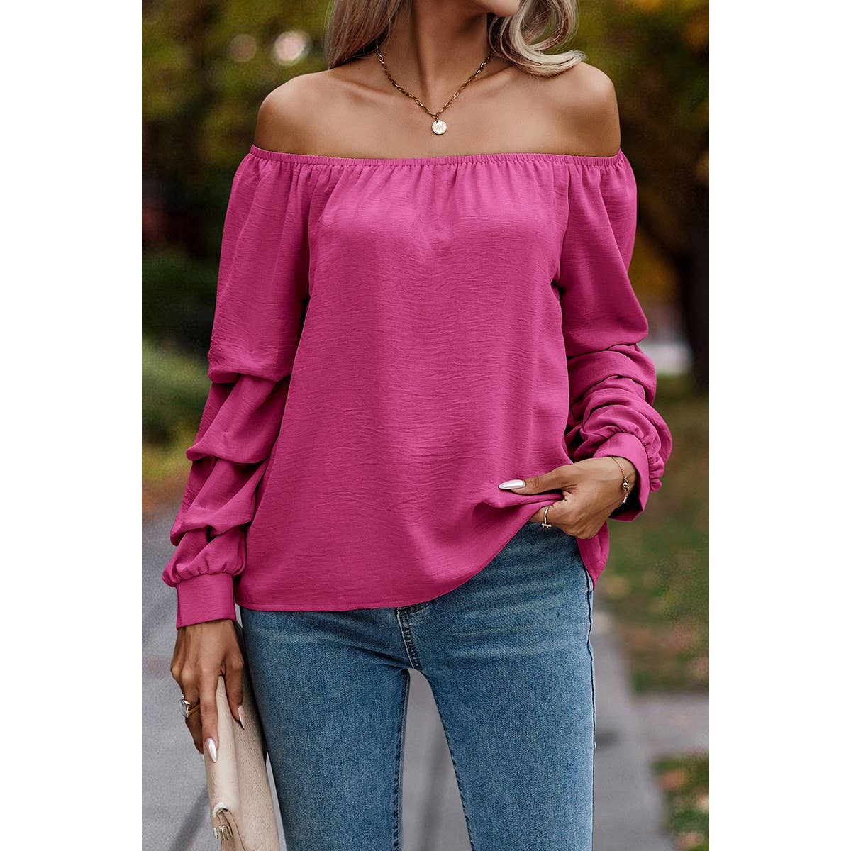 Solid Elastic Off Shoulder Ruched Loose Fit Shirt - MVTFASHION.COM