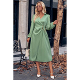 Solid Feminine Tunic Satin Muslim Midi Wrap Dress - MVTFASHION.COM