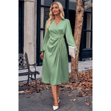 Solid Feminine Tunic Satin Muslim Midi Wrap Dress - MVTFASHION.COM