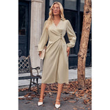 Solid Feminine Tunic Satin Muslim Midi Wrap Dress - MVTFASHION.COM