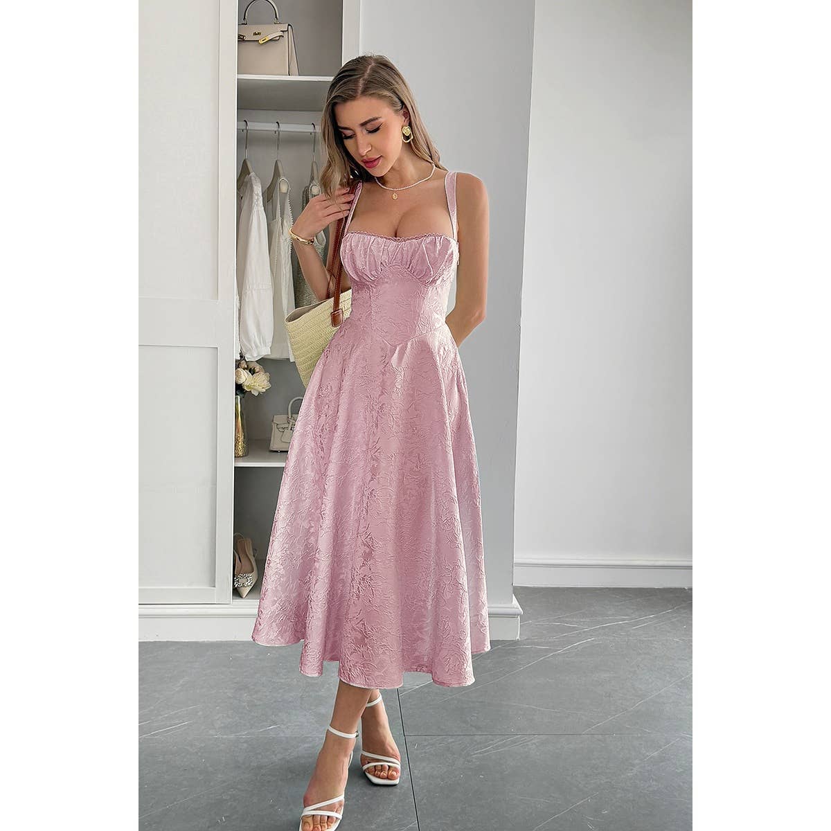 Solid Floral Jacquard Lace High Waist Dress - MVTFASHION.COM