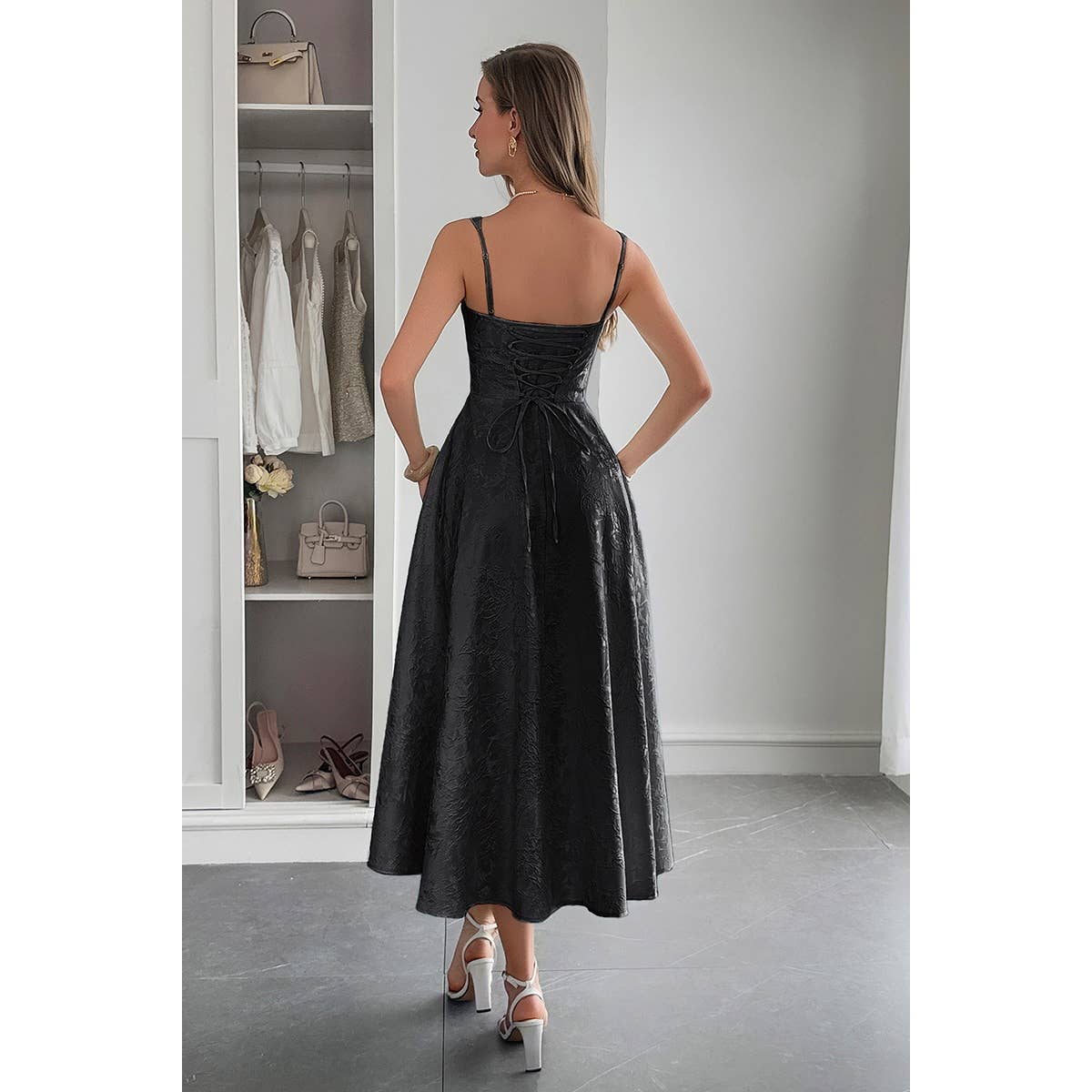 Solid Floral Jacquard Lace High Waist Dress - MVTFASHION.COM