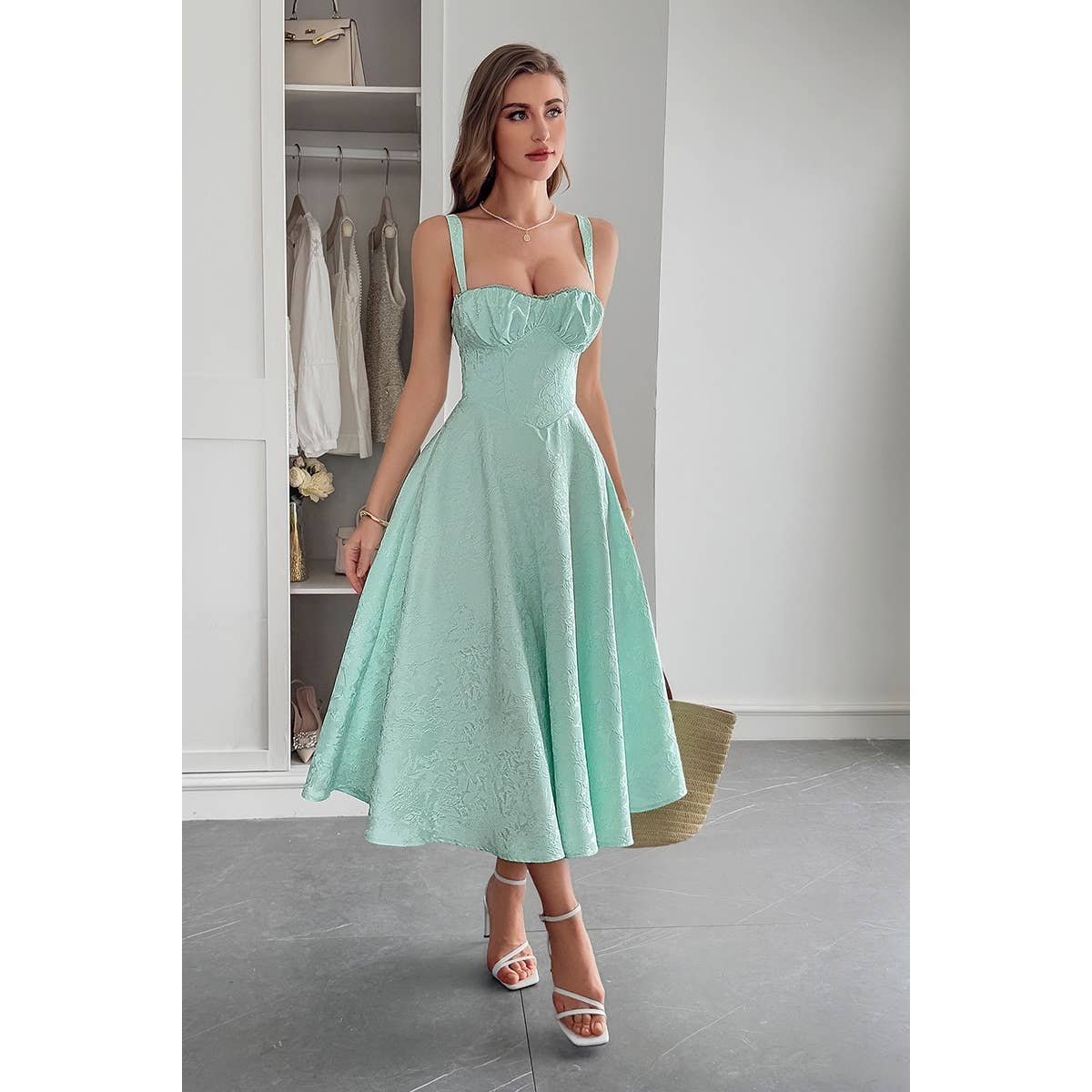 Solid Floral Jacquard Lace High Waist Dress - MVTFASHION.COM