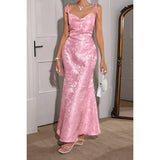 Solid Floral Jacquard Satin Prom Full Dress - MVTFASHION.COM
