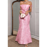 Solid Floral Jacquard Satin Prom Full Dress - MVTFASHION.COM