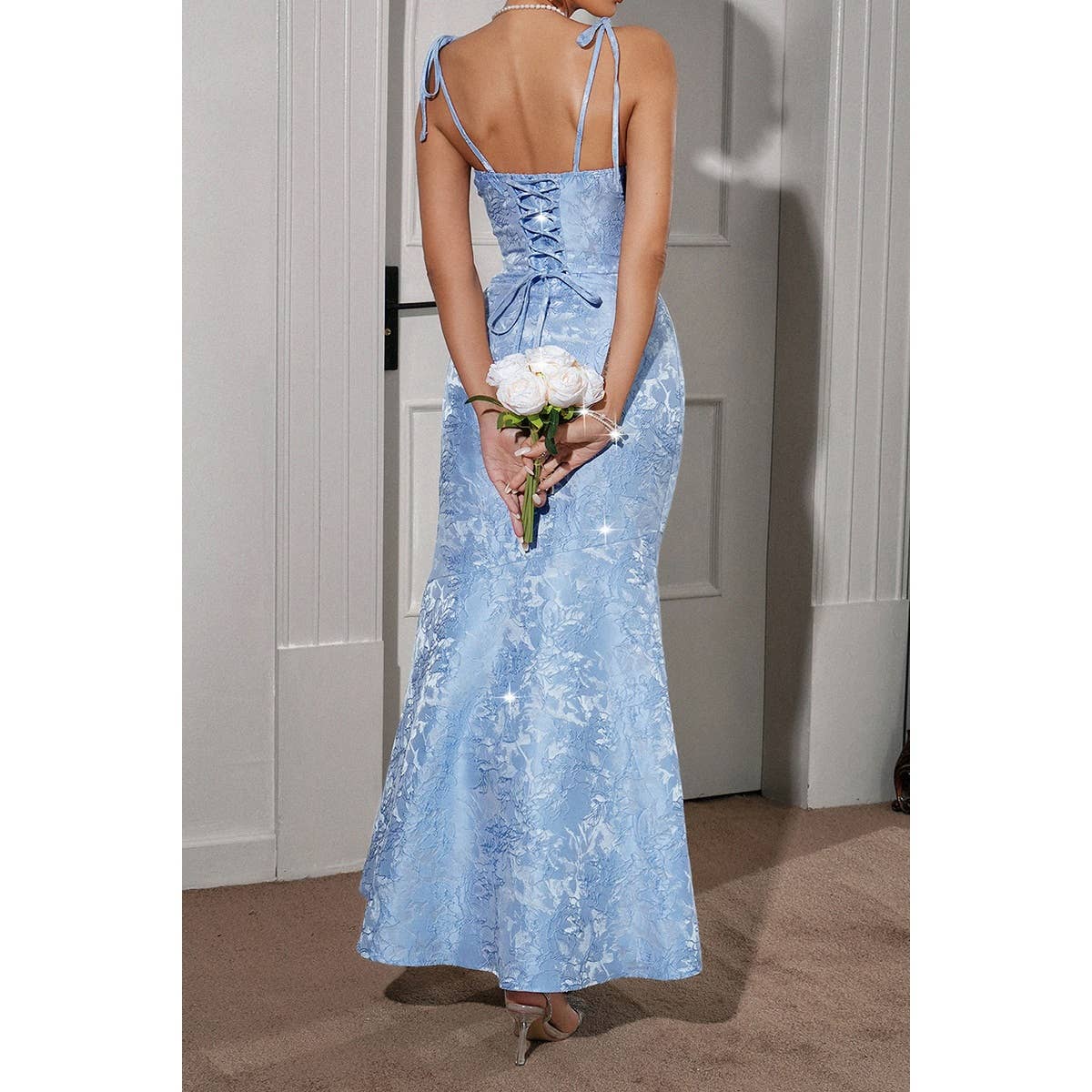 Solid Floral Jacquard Satin Prom Full Dress - MVTFASHION.COM