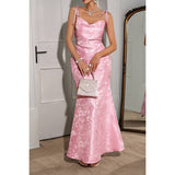 Solid Floral Jacquard Satin Prom Full Dress - MVTFASHION.COM