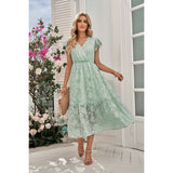 Solid Floral Print Chiffon Cross V Neck Dress - MVTFASHION.COM