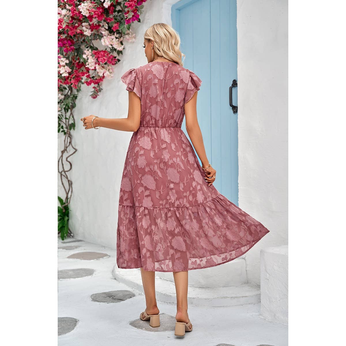 Solid Floral Print Chiffon Cross V Neck Dress - MVTFASHION.COM