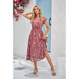 Solid Floral Print Chiffon Cross V Neck Dress - MVTFASHION.COM