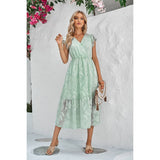 Solid Floral Print Chiffon Cross V Neck Dress - MVTFASHION.COM