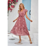 Solid Floral Print Chiffon Cross V Neck Dress - MVTFASHION.COM