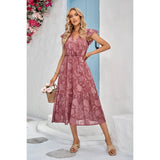 Solid Floral Print Chiffon Cross V Neck Dress - MVTFASHION.COM