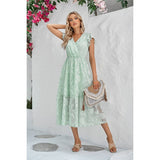 Solid Floral Print Chiffon Cross V Neck Dress - MVTFASHION.COM