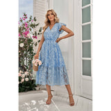 Solid Floral Print Chiffon Cross V Neck Dress - MVTFASHION.COM