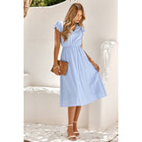 Solid Flutter Sleeve V - neck Buttoned Dress - MVTFASHION.COM