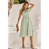 Solid Flutter Sleeve V - neck Buttoned Dress - MVTFASHION.COM