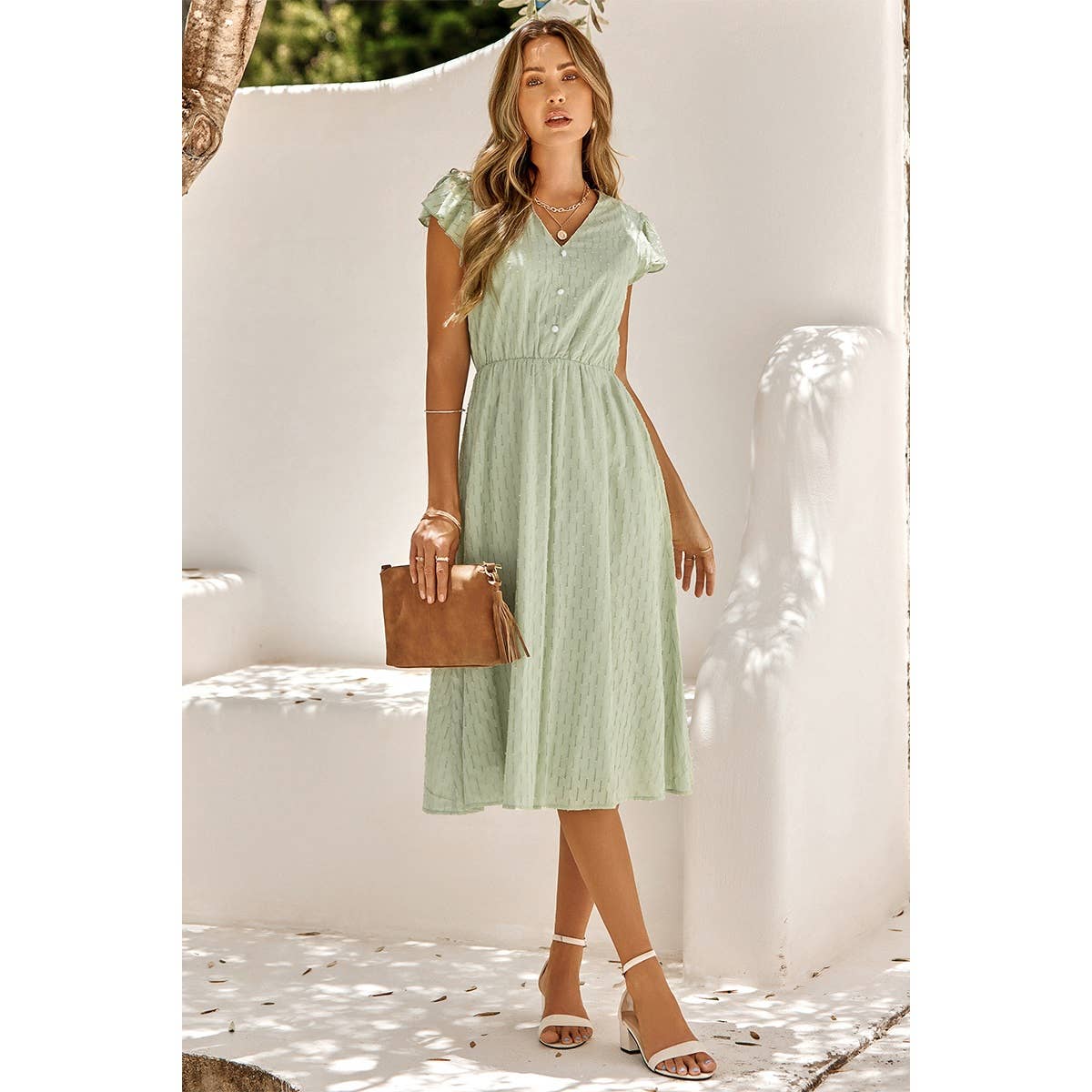 Solid Flutter Sleeve V - neck Buttoned Dress - MVTFASHION.COM