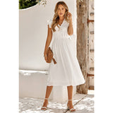 Solid Flutter Sleeve V - neck Buttoned Dress - MVTFASHION.COM