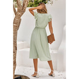 Solid Flutter Sleeve V - neck Buttoned Dress - MVTFASHION.COM