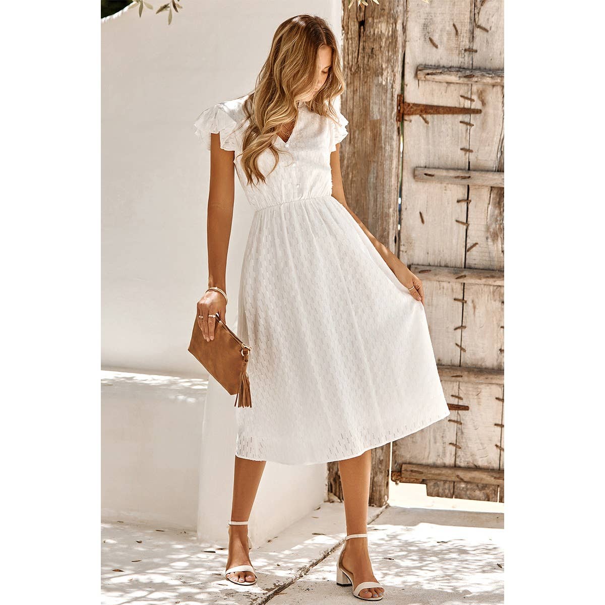 Solid Flutter Sleeve V - neck Buttoned Dress - MVTFASHION.COM