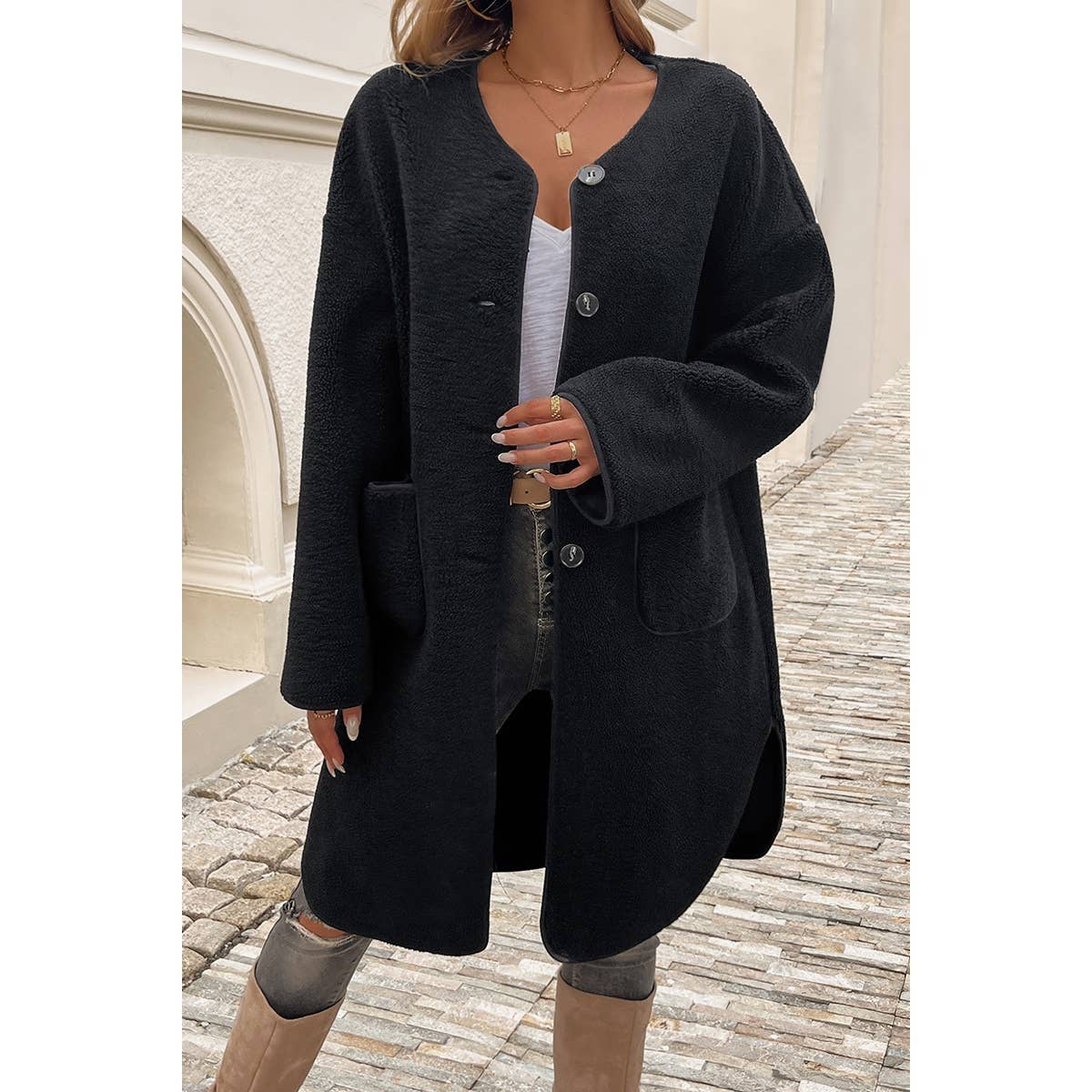 Solid Fuzzy Long Body Button Down Pockets Coat - MVTFASHION.COM