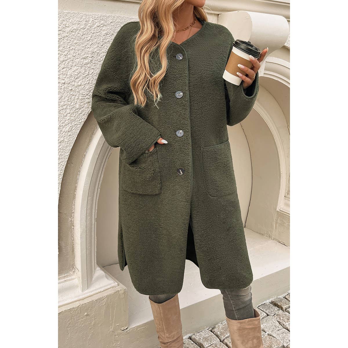 Solid Fuzzy Long Body Button Down Pockets Coat - MVTFASHION.COM